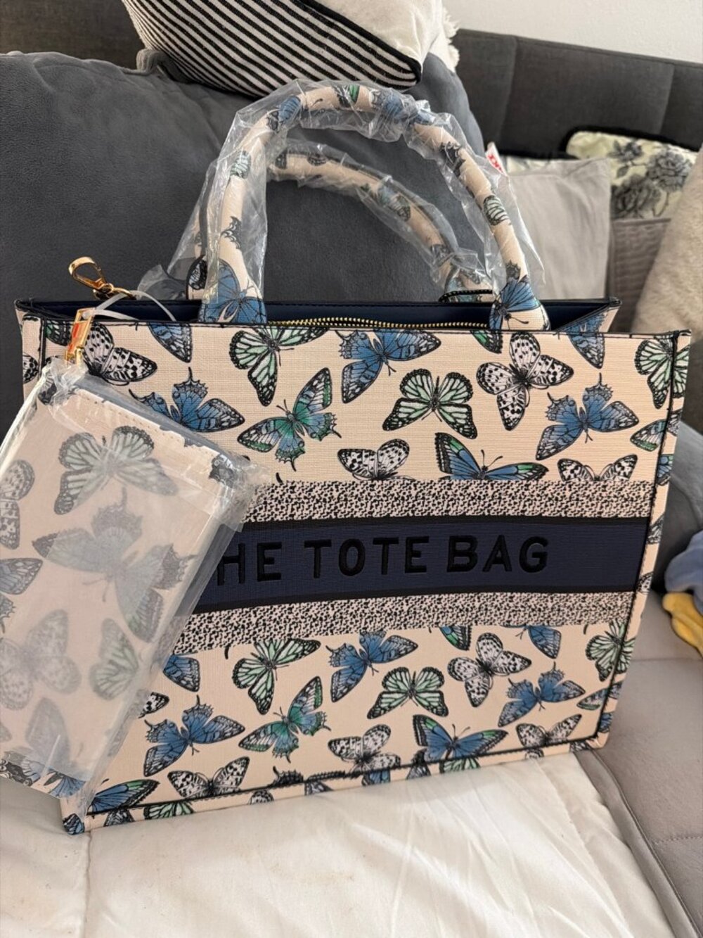 Butterfly Print "The Tote Bag" Tote with Matching Pouch — Brand New, Unbranded